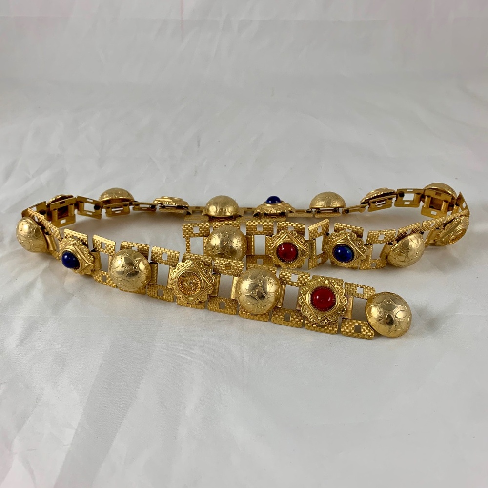 Paris 1960s Era Gold-Tone Metal and Bakelite Jeweled Medallion Handmade Belt